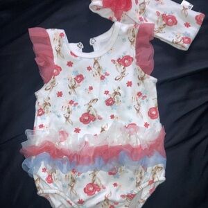 Floral Bunny Print Bodysuit with Headband